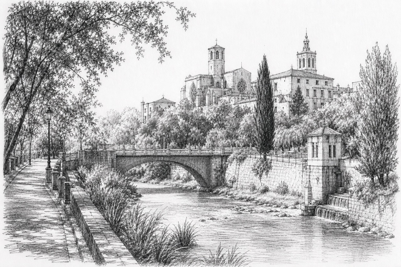 Hand-drawn pencil travel sketch for Terrassa, Spain