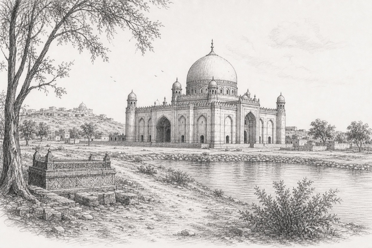 Hand-drawn pencil travel sketch for Thatta, Pakistan
