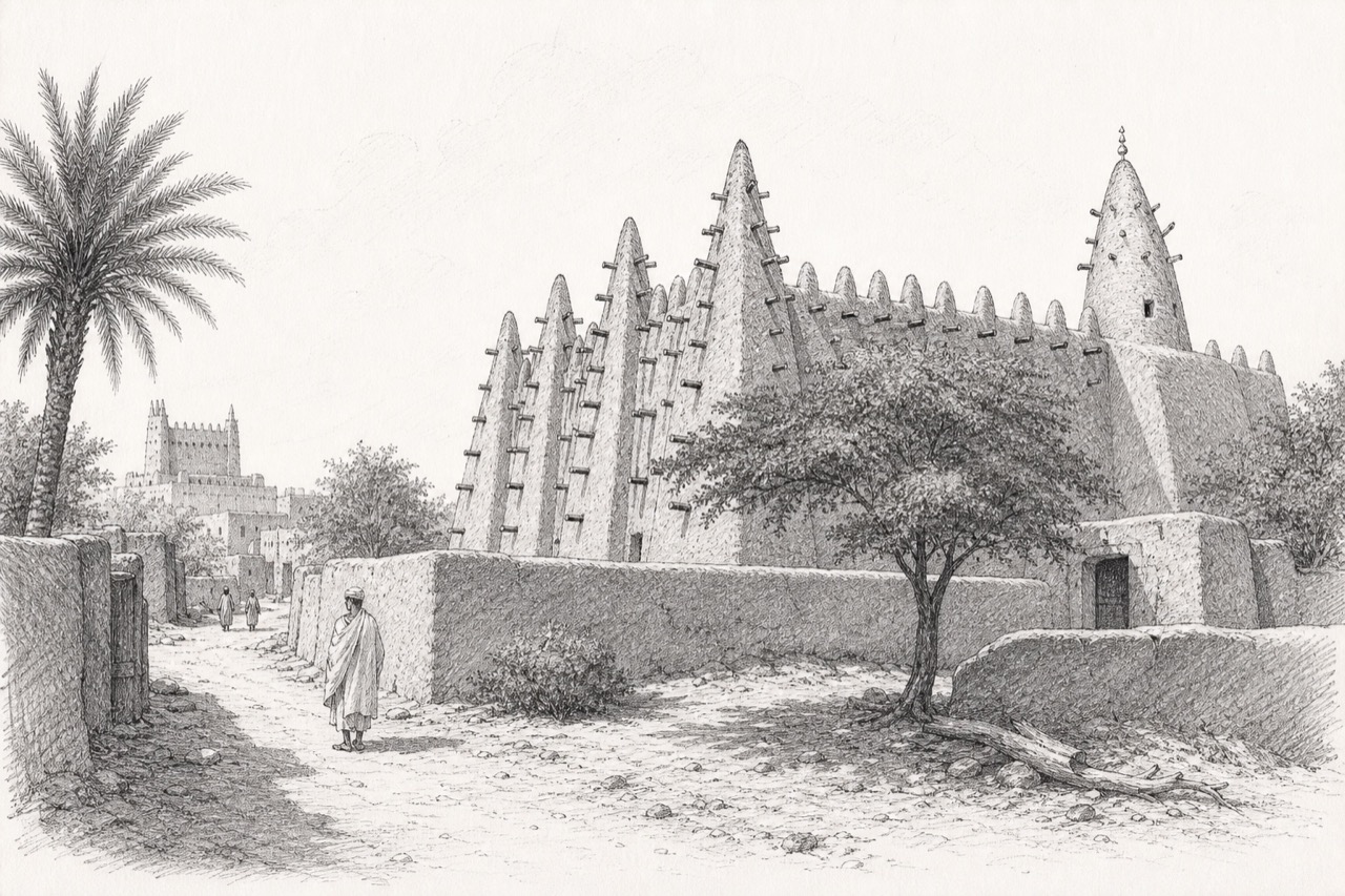 Hand-drawn pencil travel sketch for Timbuktu, Mali