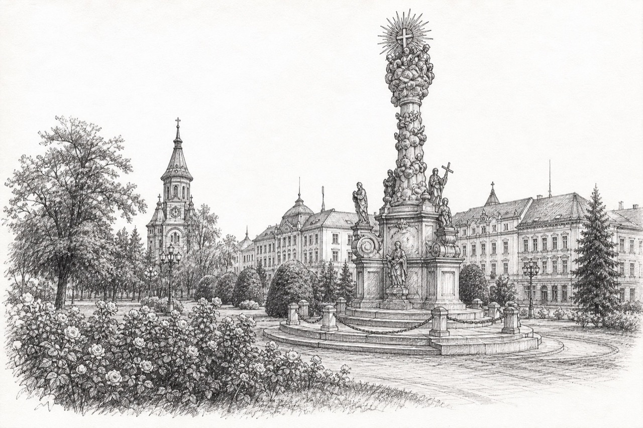 Hand-drawn pencil travel sketch for Timișoara, Romania