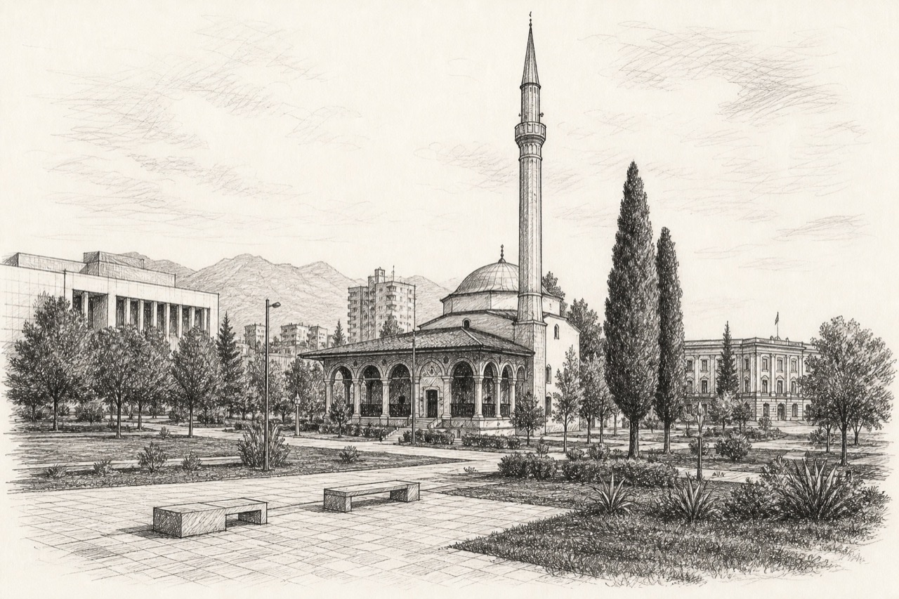 Hand-drawn pencil travel sketch for Tirana, Albania
