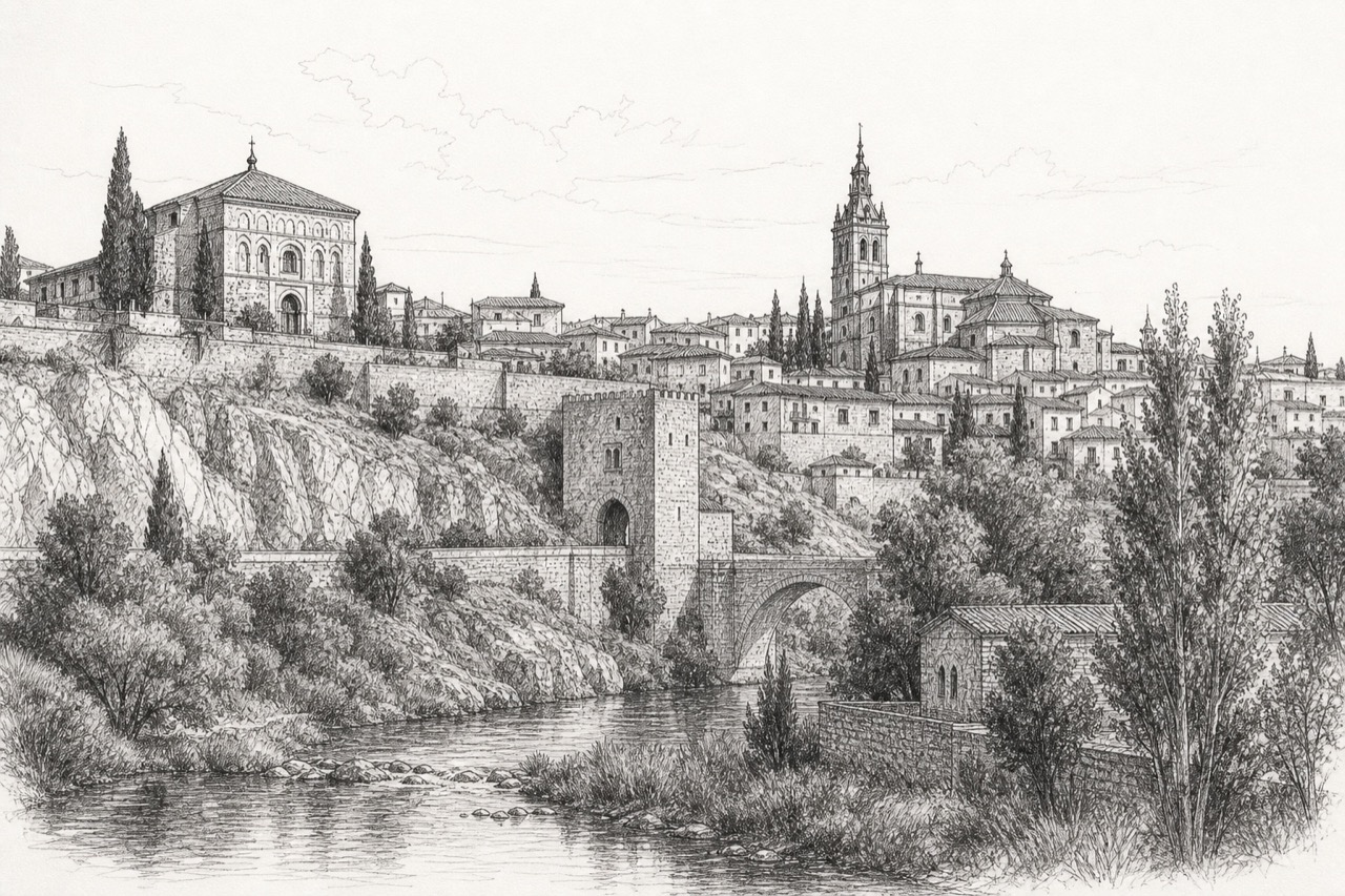 Hand-drawn pencil travel sketch for Toledo, Spain