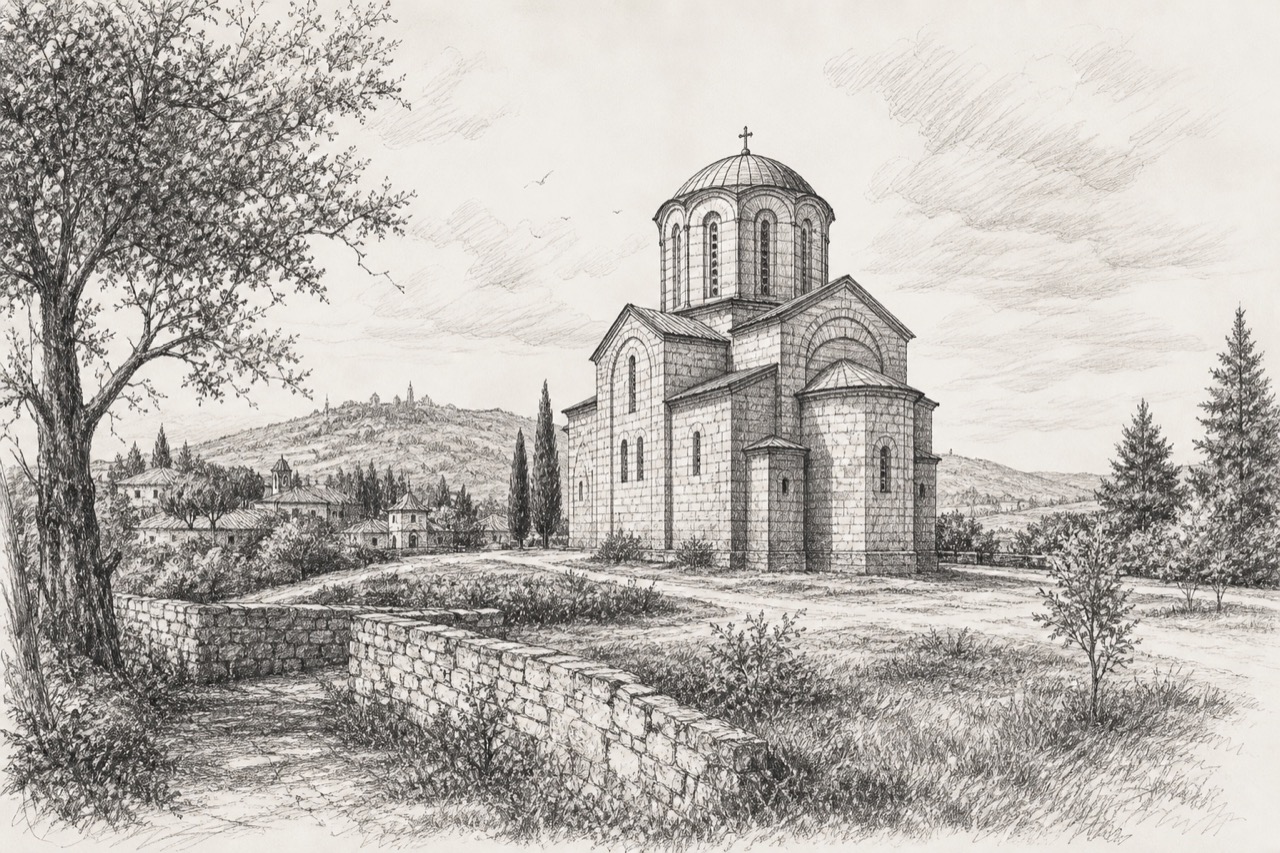 Hand-drawn pencil travel sketch for Topola, Serbia
