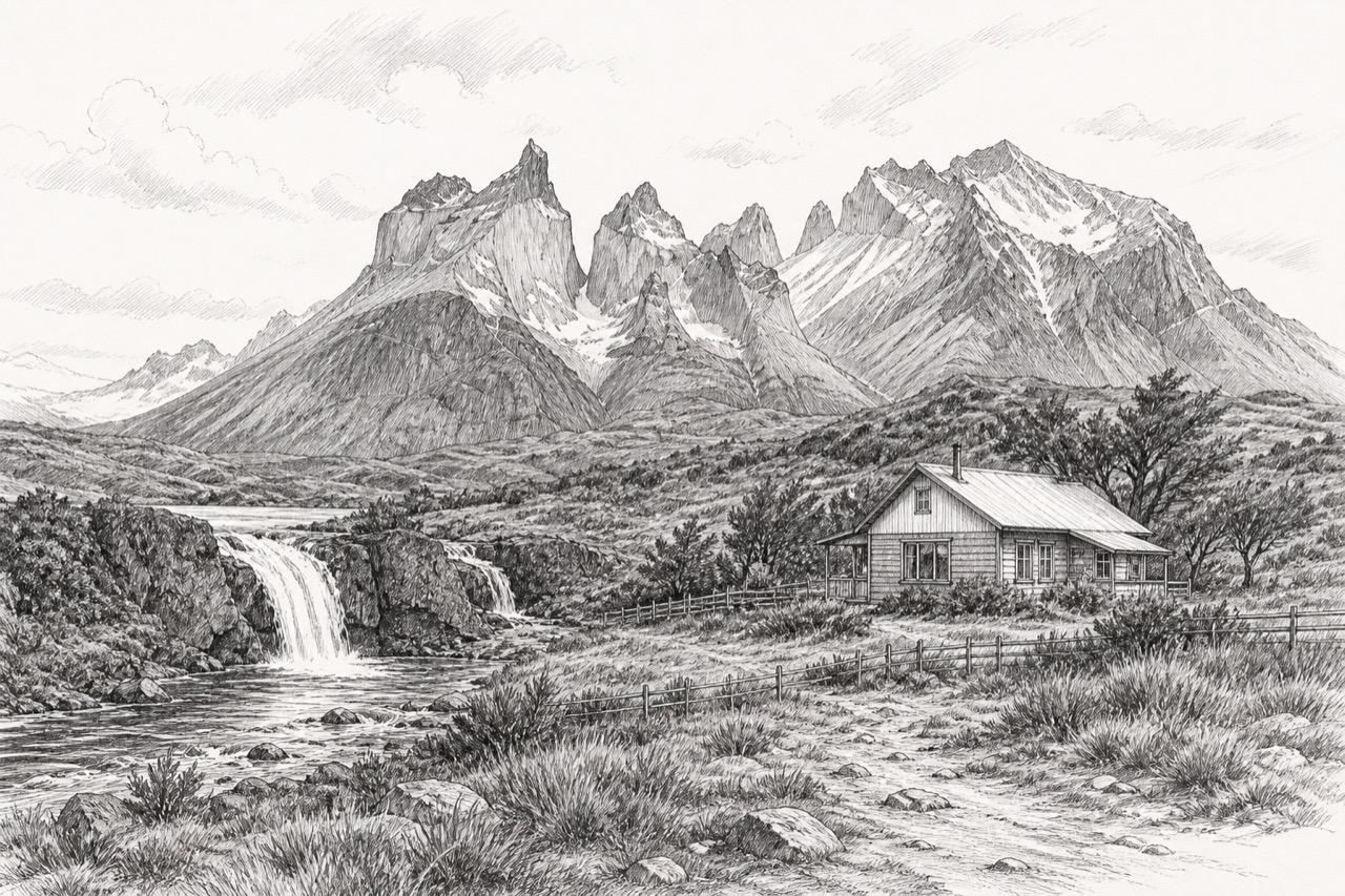 Hand-drawn pencil travel sketch for Torres del Paine, Chile