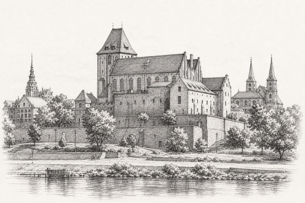 Hand-drawn pencil travel sketch for Toruń, Poland