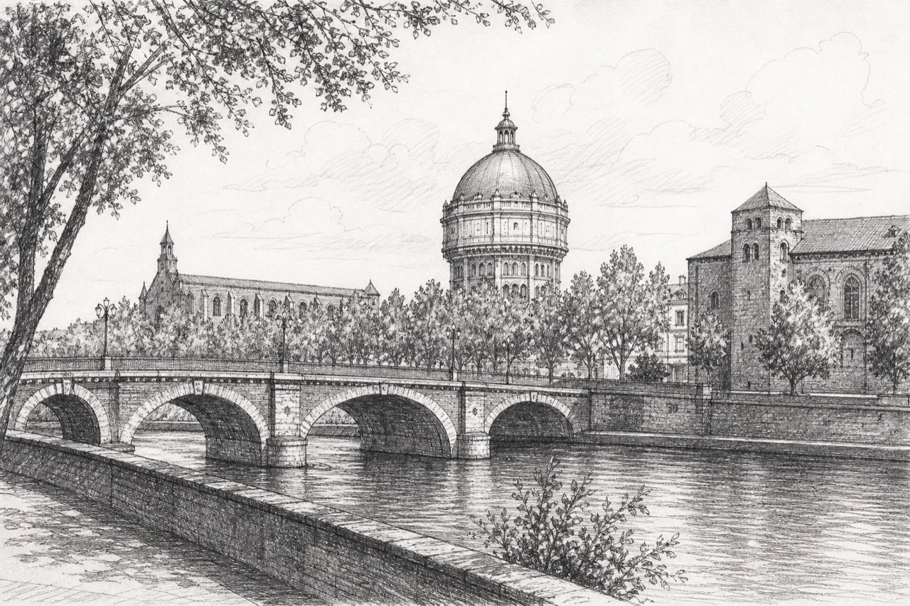 Hand-drawn pencil travel sketch for Toulouse, France
