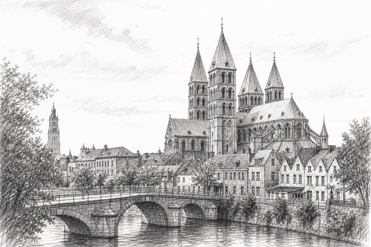 Hand-drawn pencil travel sketch for Tournai, Belgium