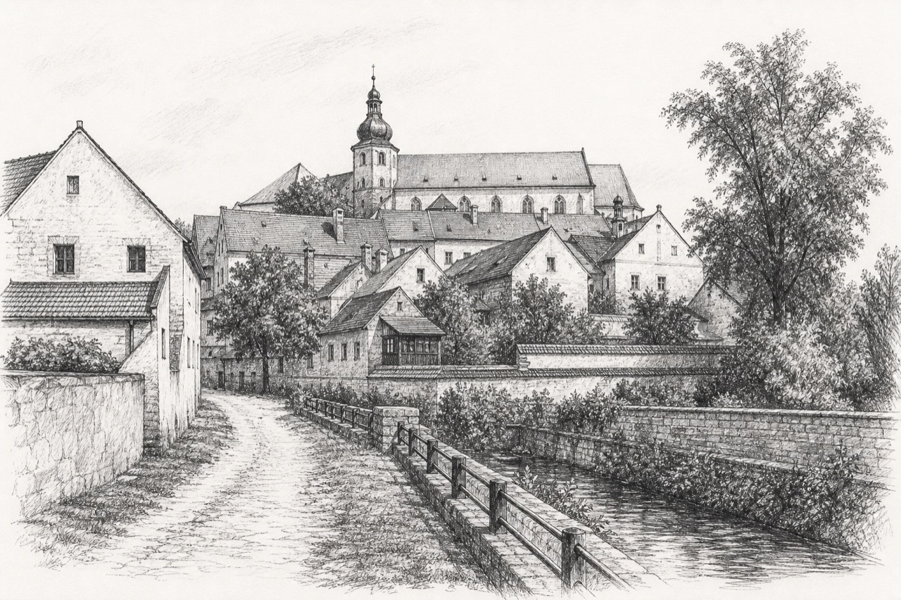 Hand-drawn pencil travel sketch for Třebíč, Czech Republic