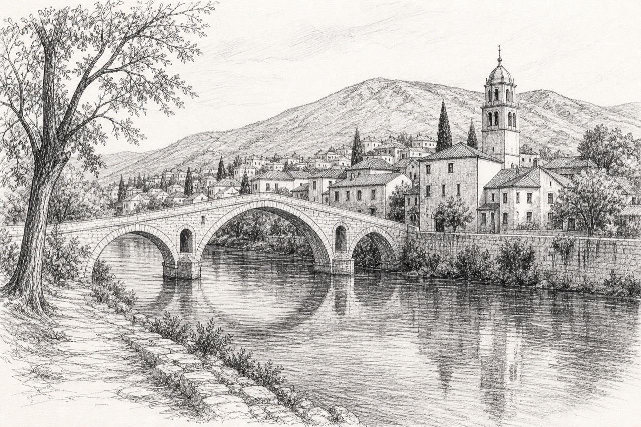 Hand-drawn pencil travel sketch for Trebinje, Bosnia and Herzegovina