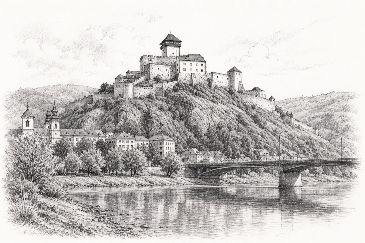 Hand-drawn pencil travel sketch for Trenčín, Slovakia