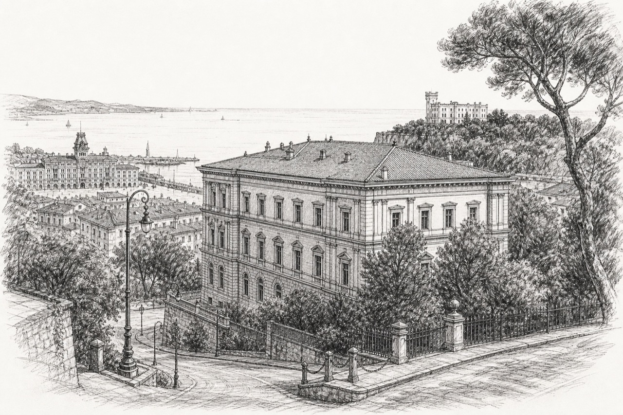 Hand-drawn pencil travel sketch for Trieste, Italy