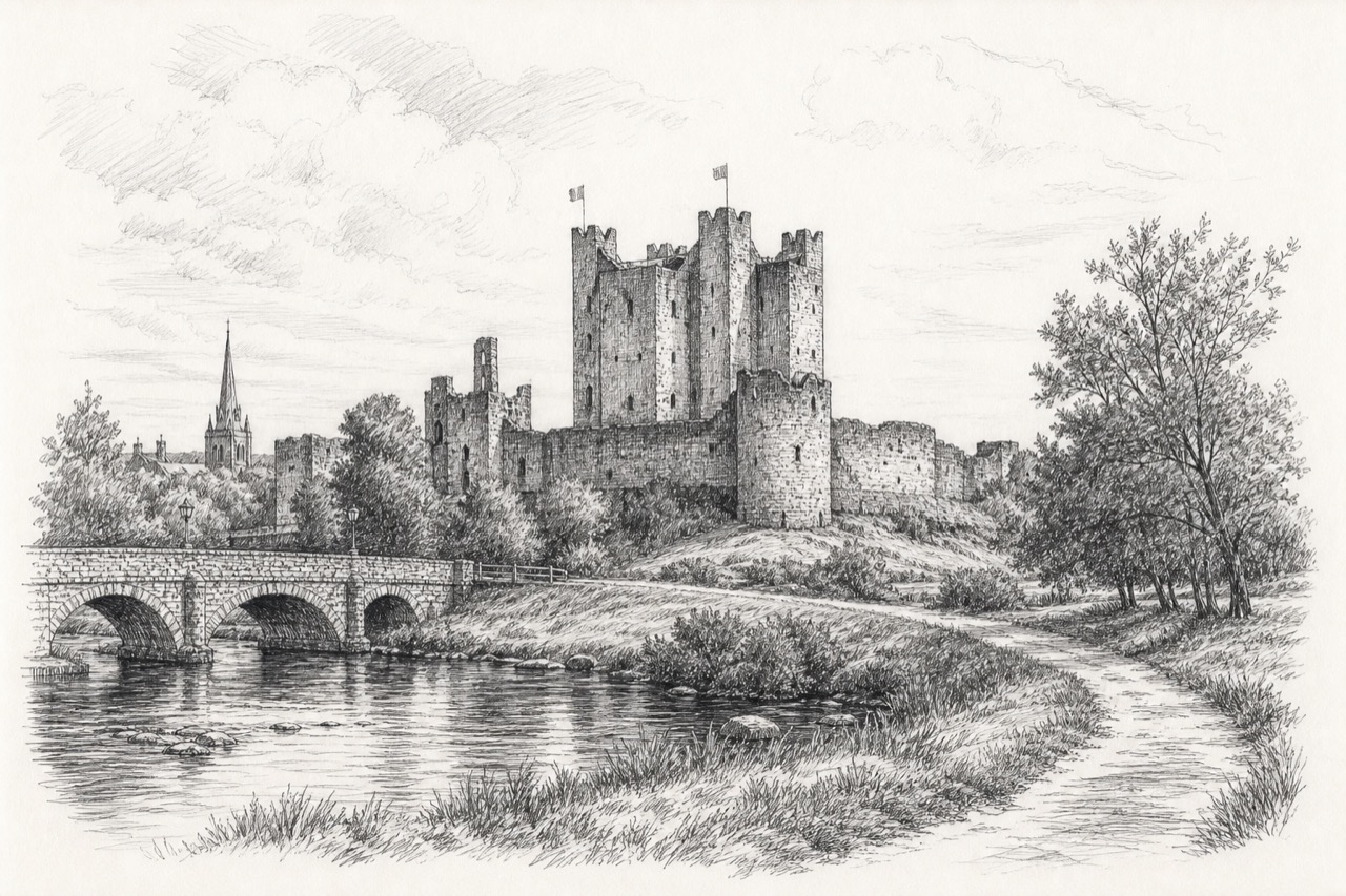 Hand-drawn pencil travel sketch for Trim, Ireland