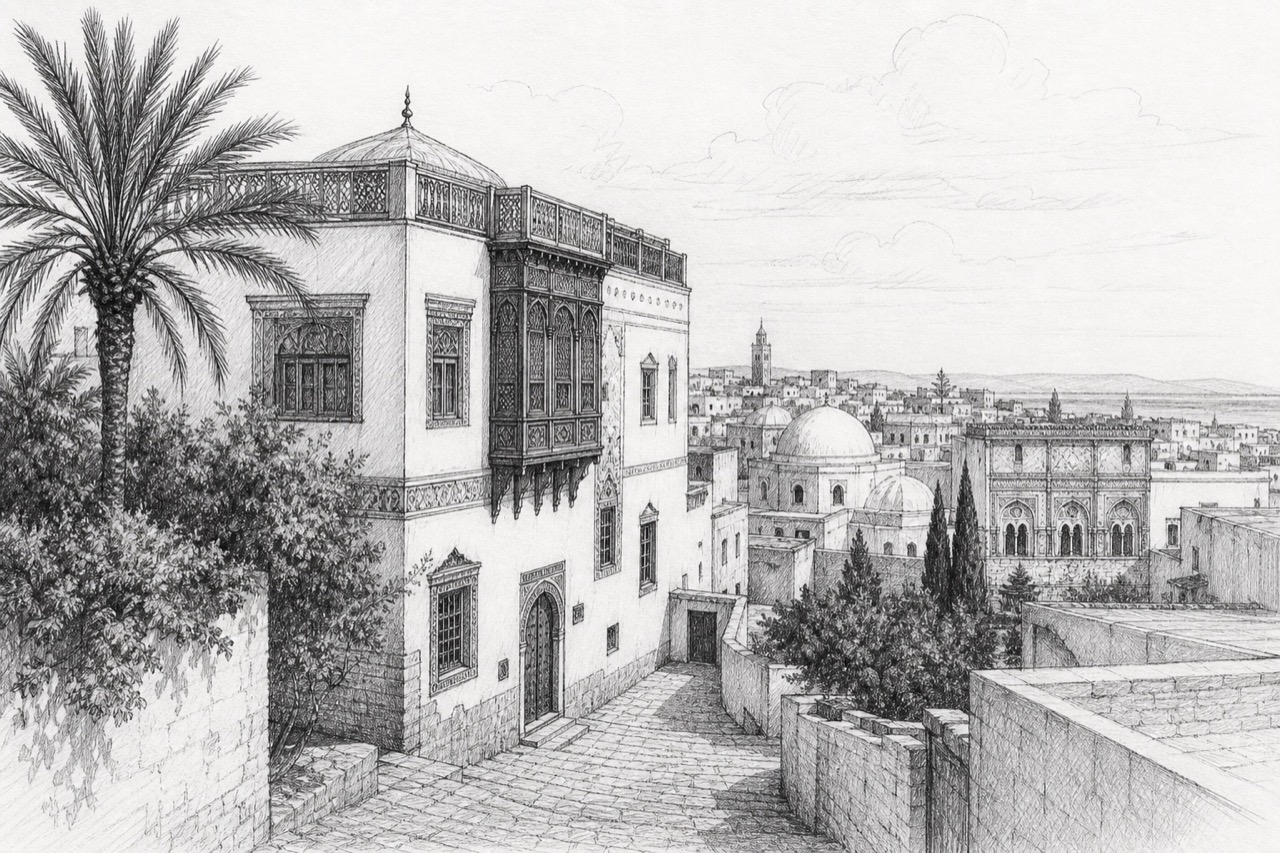 Hand-drawn pencil travel sketch for Tunis, Tunisia