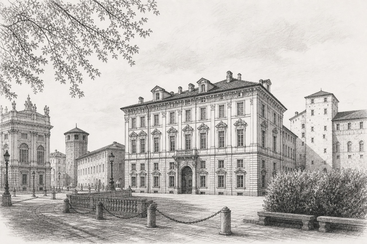 Hand-drawn pencil travel sketch for Turin, Italy