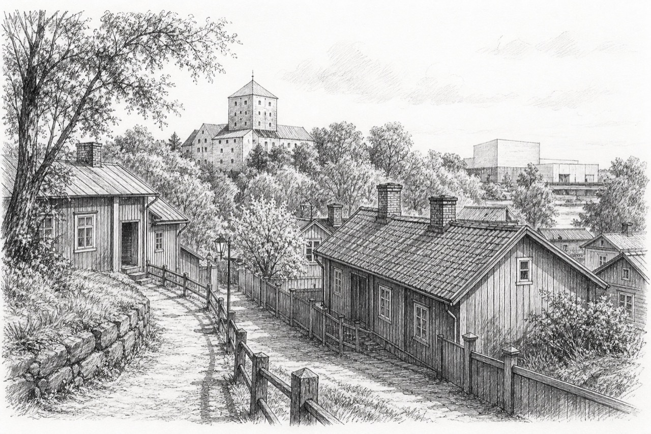 Hand-drawn pencil travel sketch for Turku, Finland