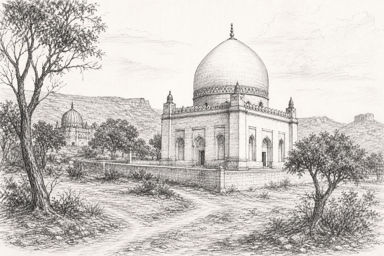 Hand-drawn pencil travel sketch for Uch, Pakistan
