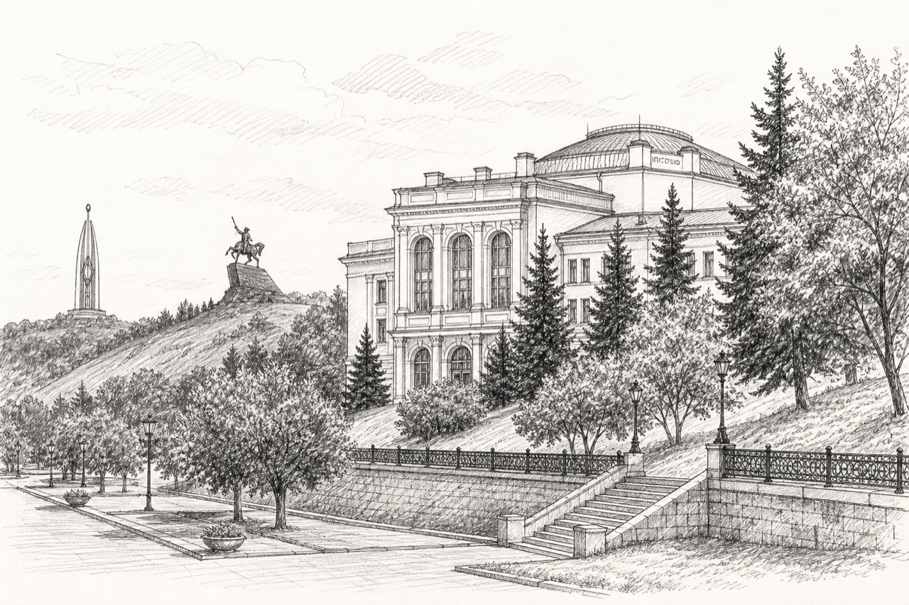 Hand-drawn pencil travel sketch for Ufa, Russia