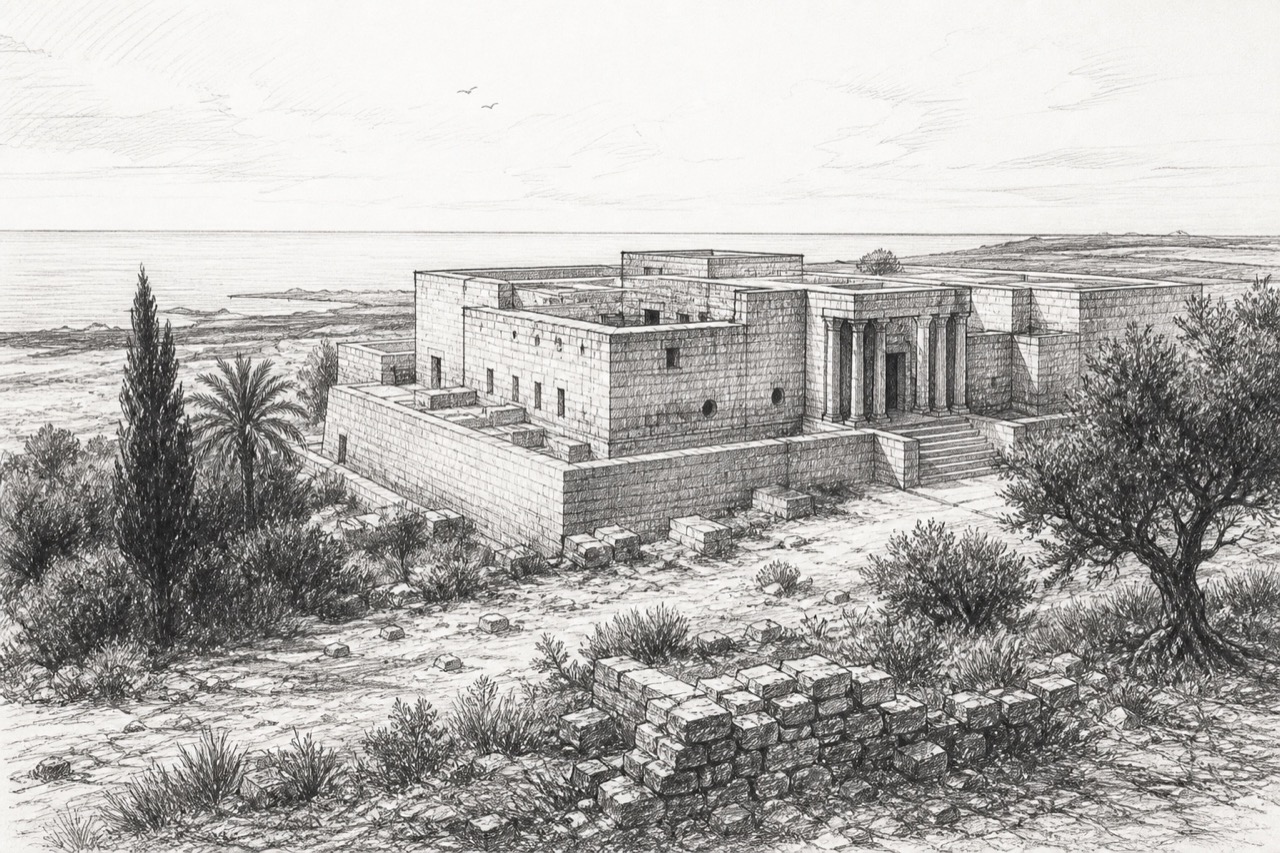 Hand-drawn pencil travel sketch for Ugarit, Syria