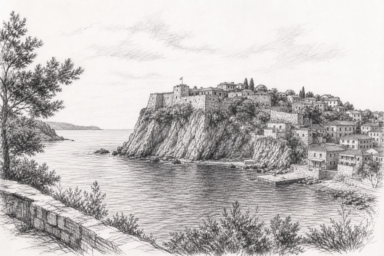 Hand-drawn pencil travel sketch for Ulcinj, Montenegro