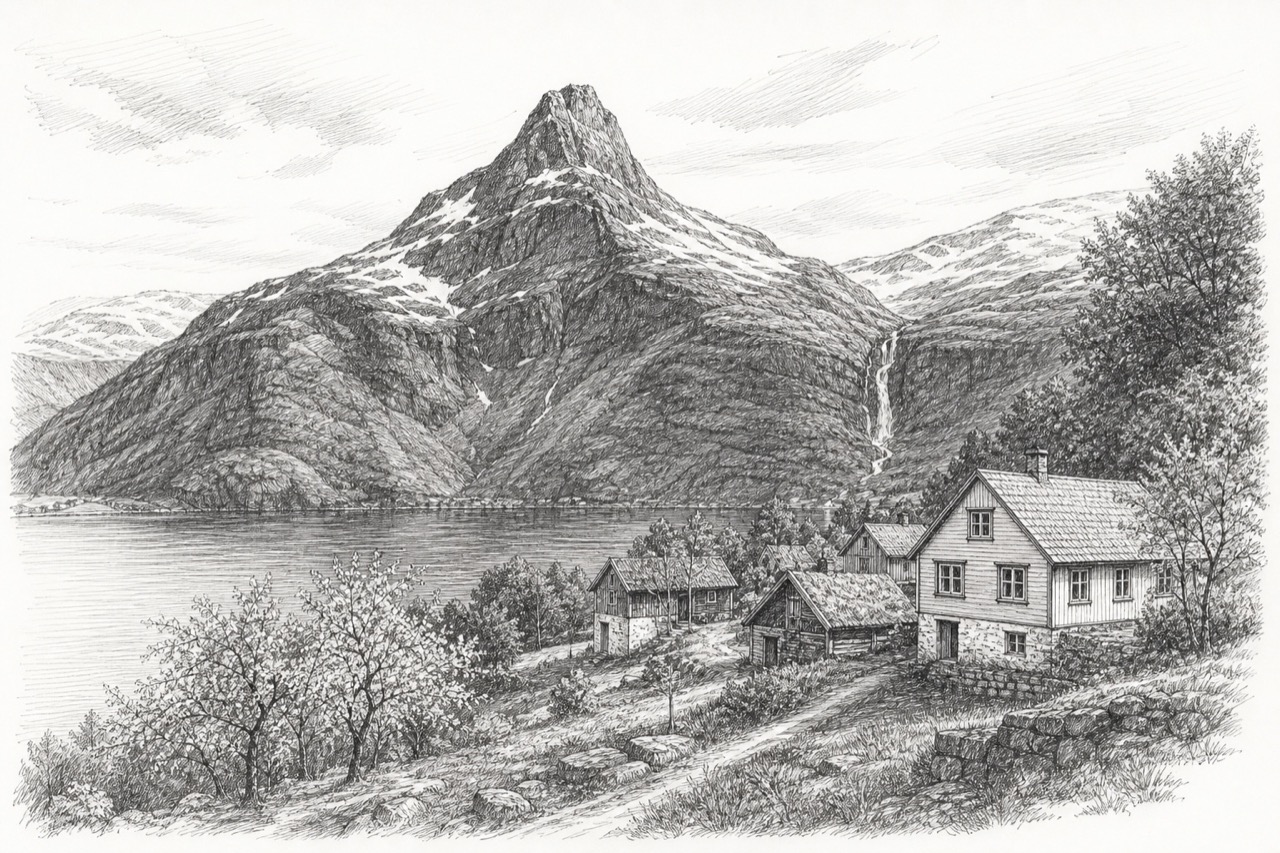 Hand-drawn pencil travel sketch for Ullensvang, Norway