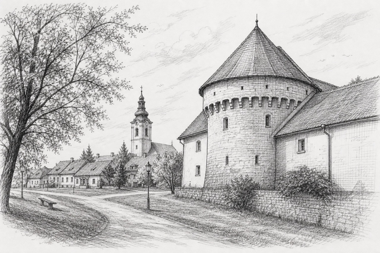 Hand-drawn pencil travel sketch for Đurđevac, Croatia