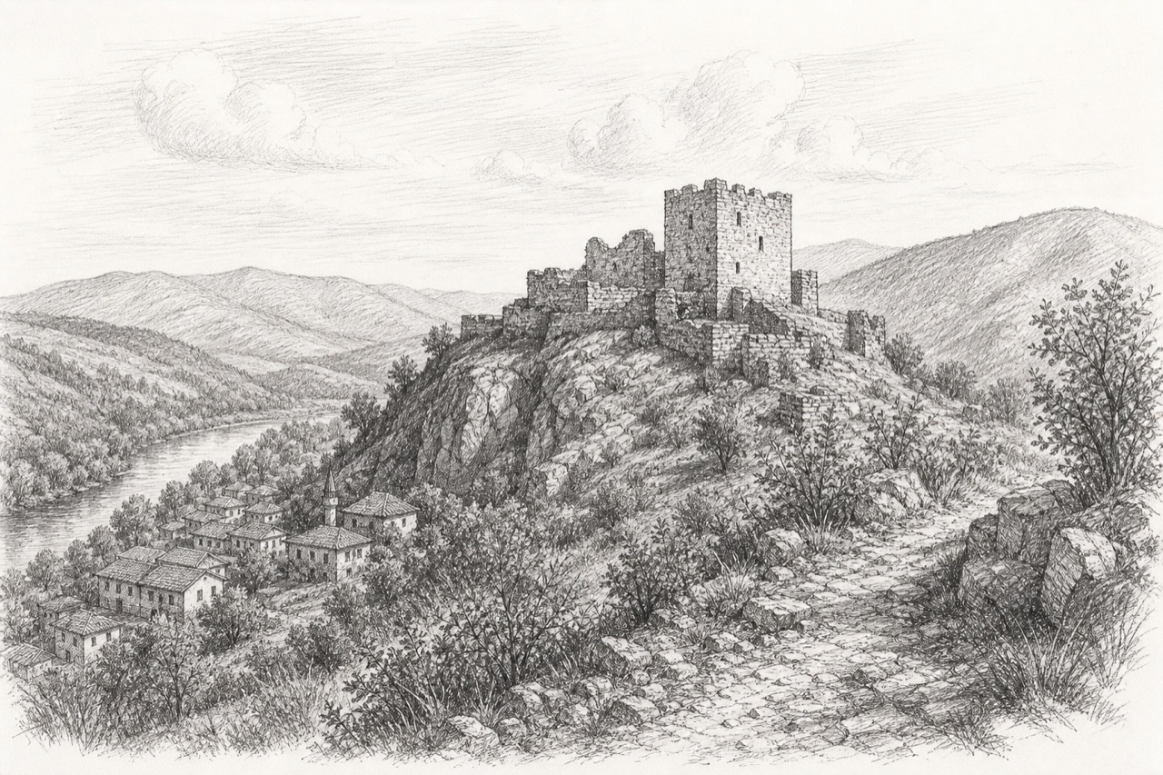Hand-drawn pencil travel sketch for Ustren, Bulgaria