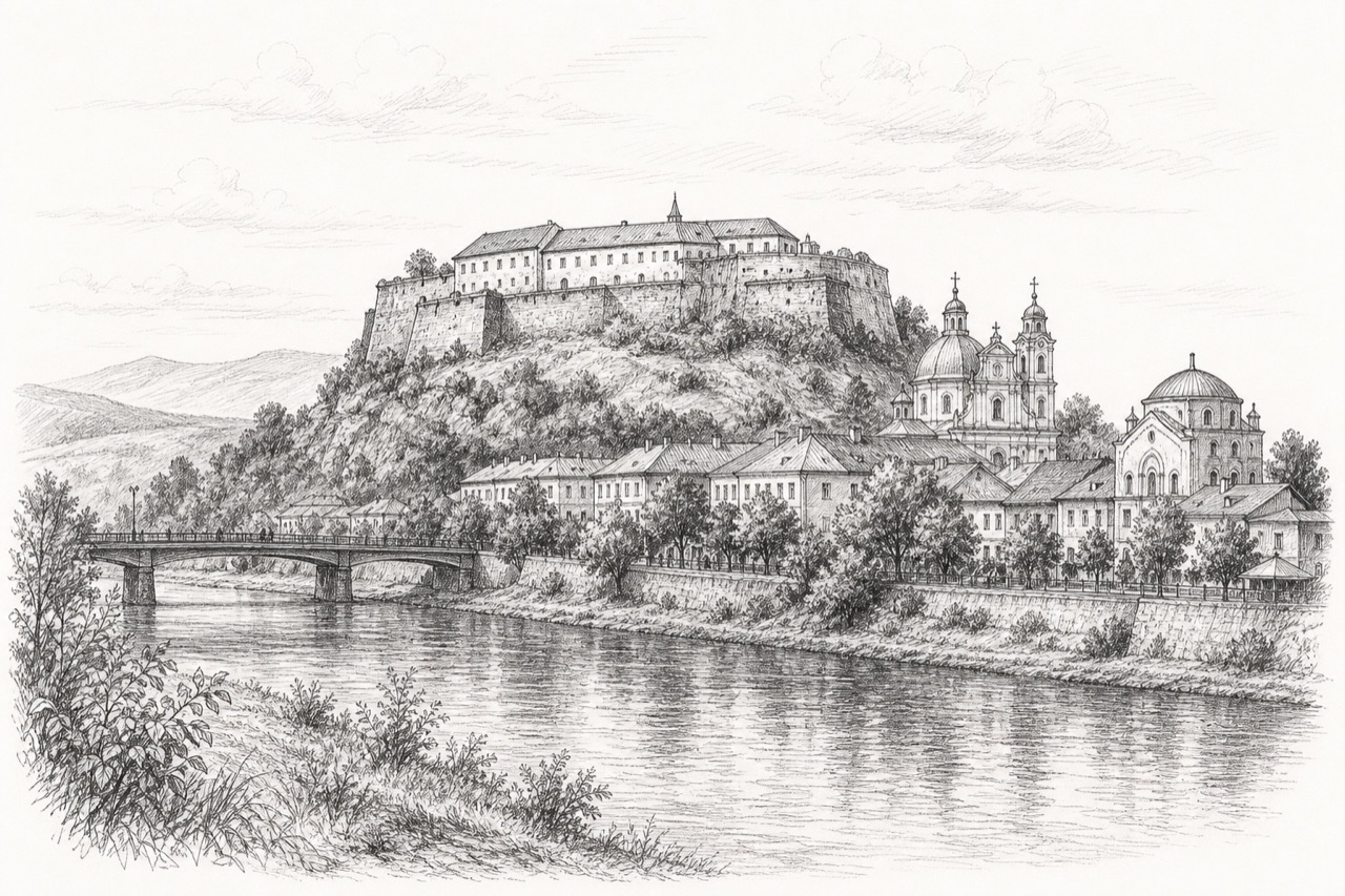 Hand-drawn pencil travel sketch for Uzhhorod, Ukraine