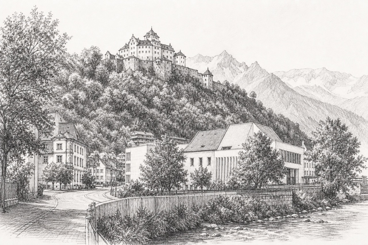 Hand-drawn pencil travel sketch for Vaduz, Liechtenstein