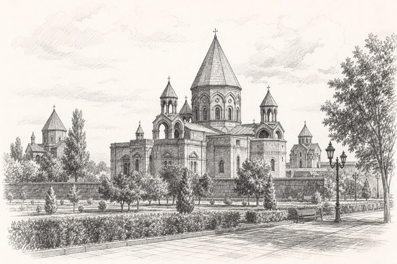 Hand-drawn pencil travel sketch for Vagharshapat, Armenia