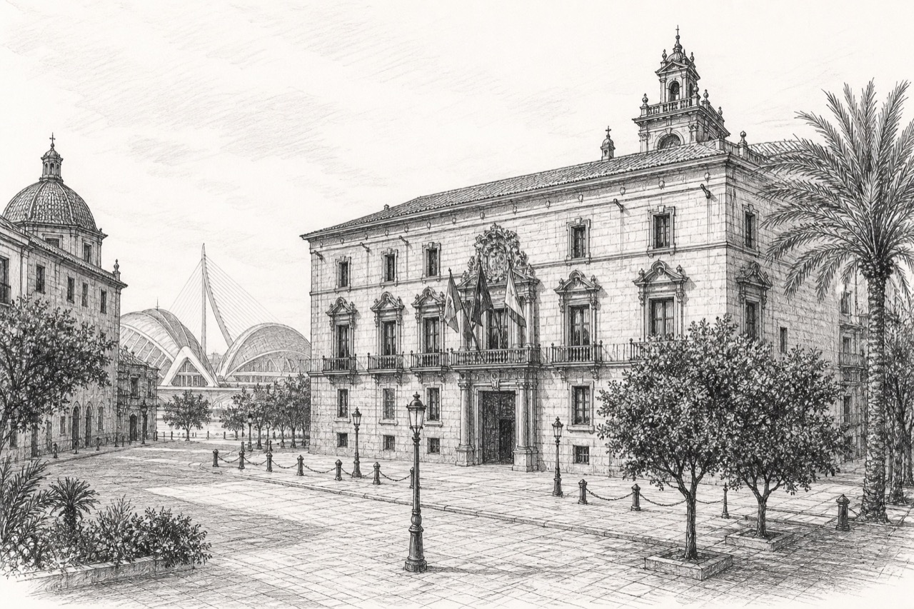 Hand-drawn pencil travel sketch for Valencia, Spain