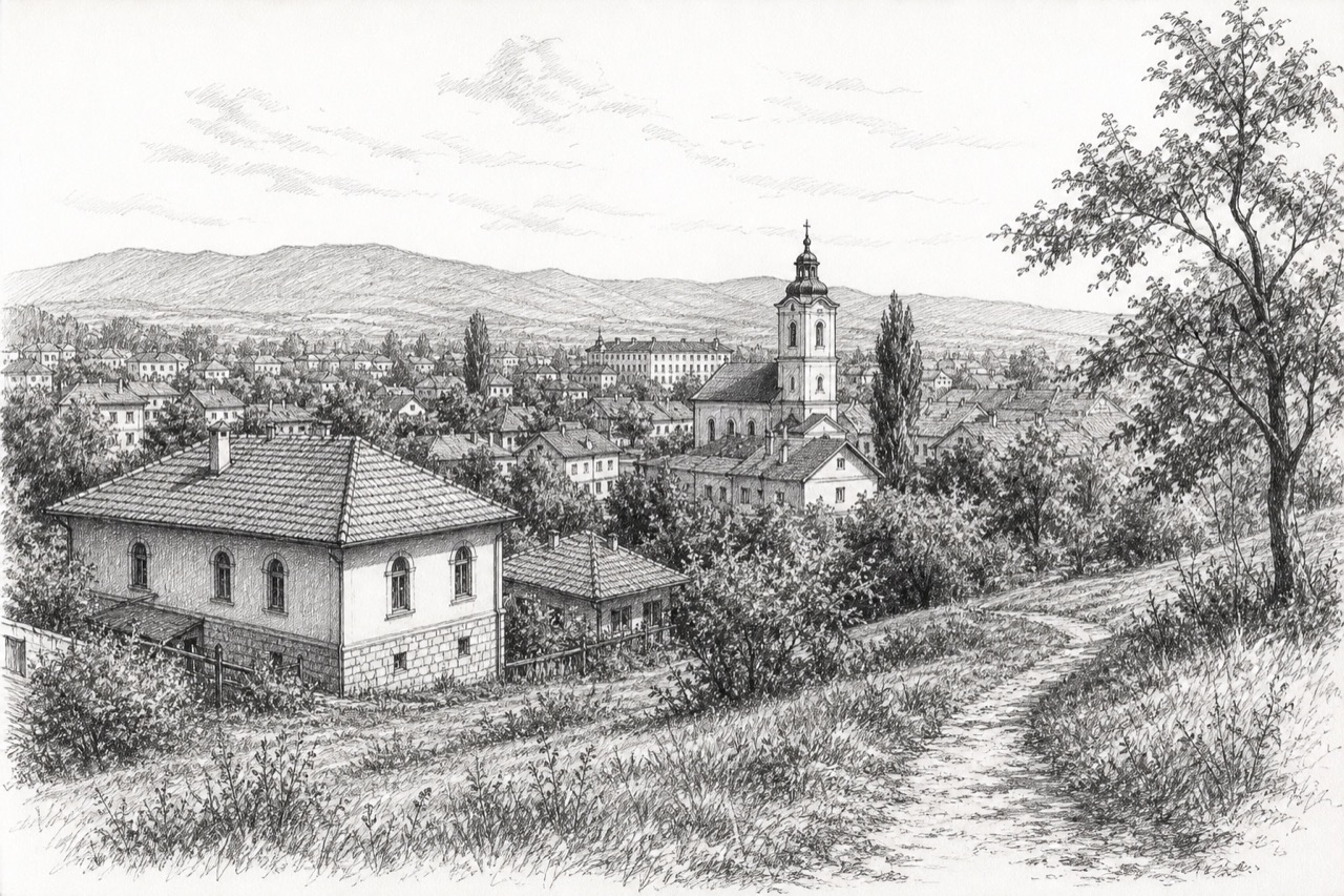 Hand-drawn pencil travel sketch for Valjevo, Serbia