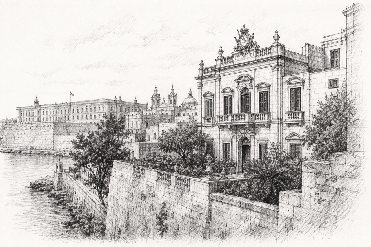 Hand-drawn pencil travel sketch for Valletta, Malta