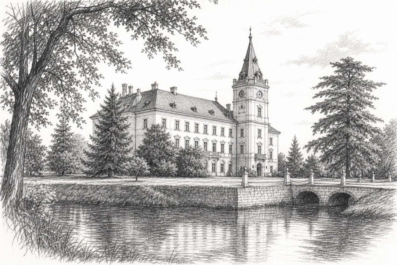 Hand-drawn pencil travel sketch for Valpovo, Croatia