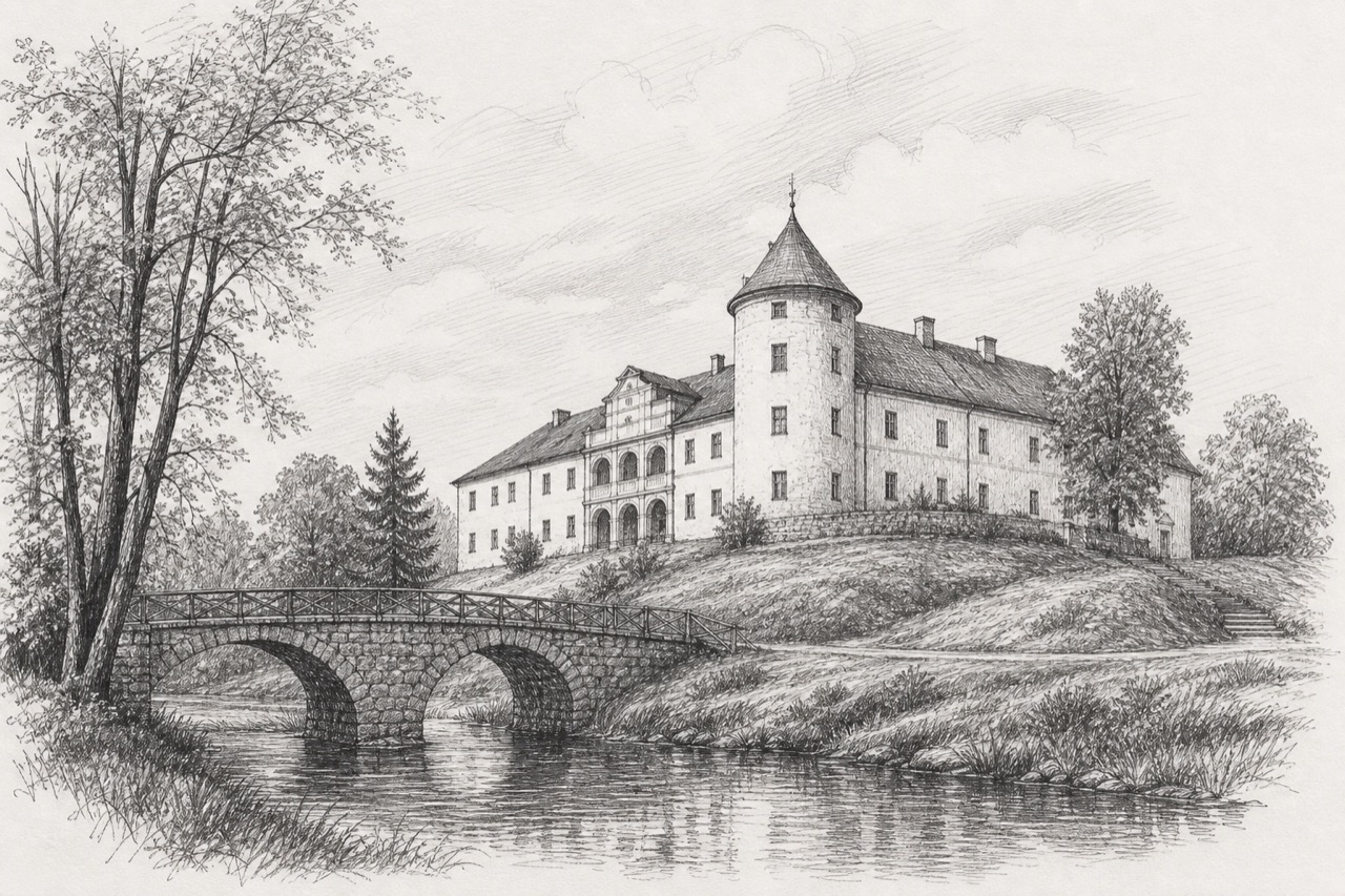 Hand-drawn pencil travel sketch for Vecpiebalga, Latvia
