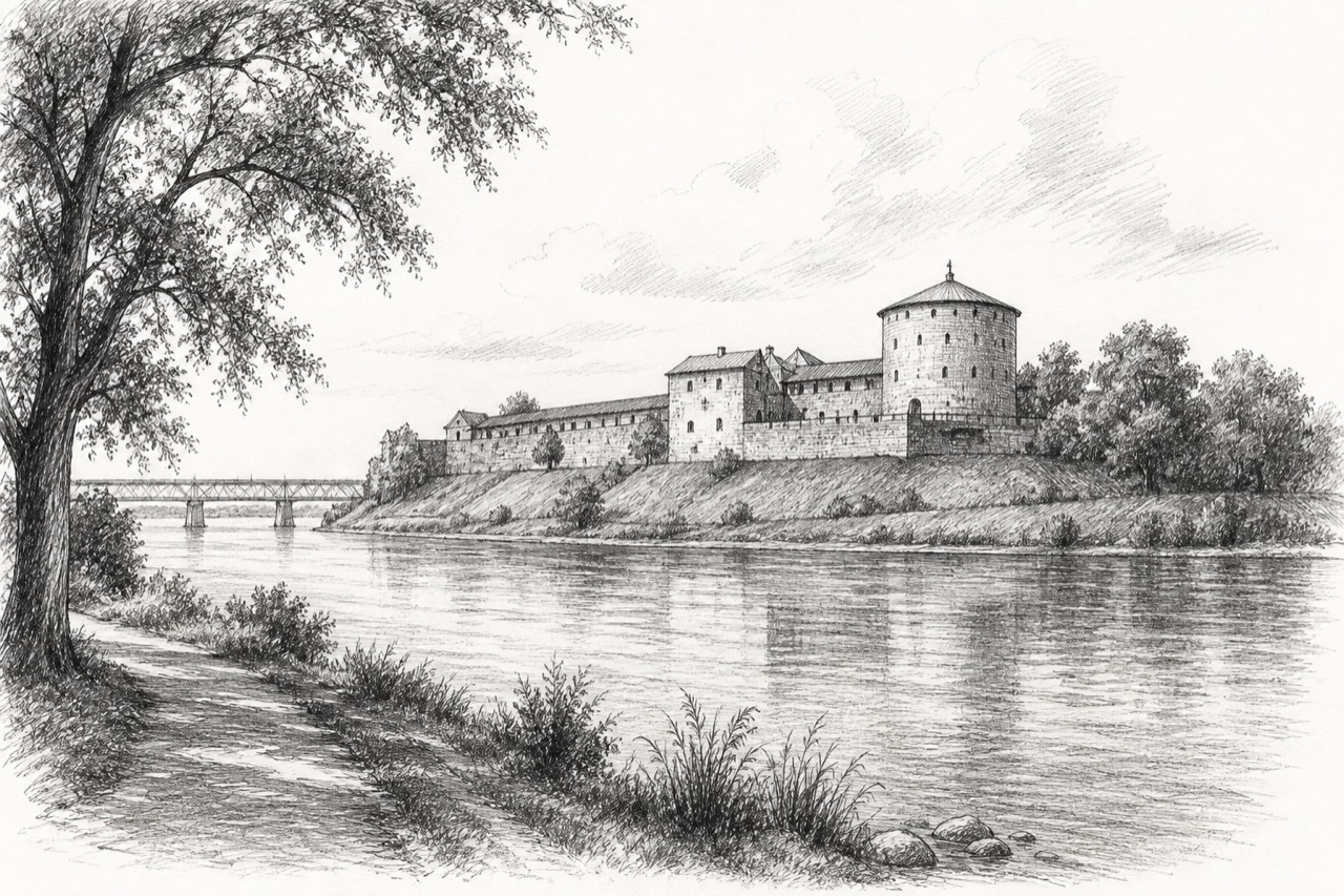 Hand-drawn pencil travel sketch for Vecpils, Latvia