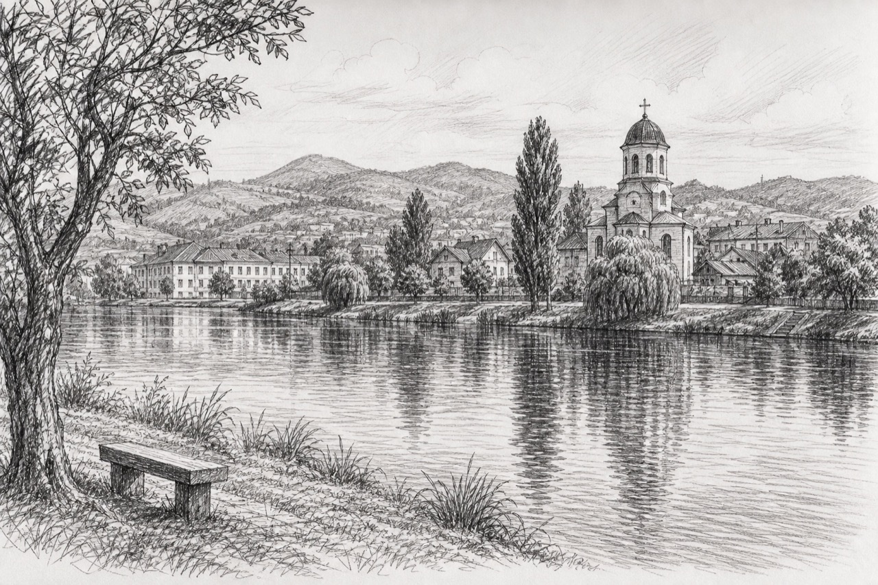 Hand-drawn pencil travel sketch for Velika Plana, Serbia