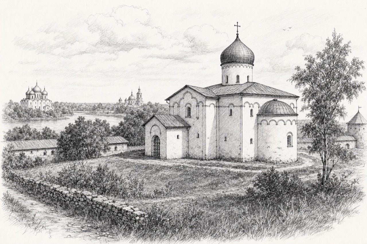 Hand-drawn pencil travel sketch for Veliky Novgorod, Russia