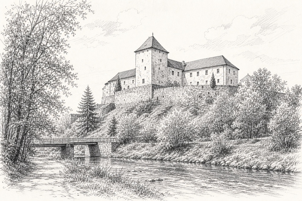Hand-drawn pencil travel sketch for Veľký Šariš, Slovakia
