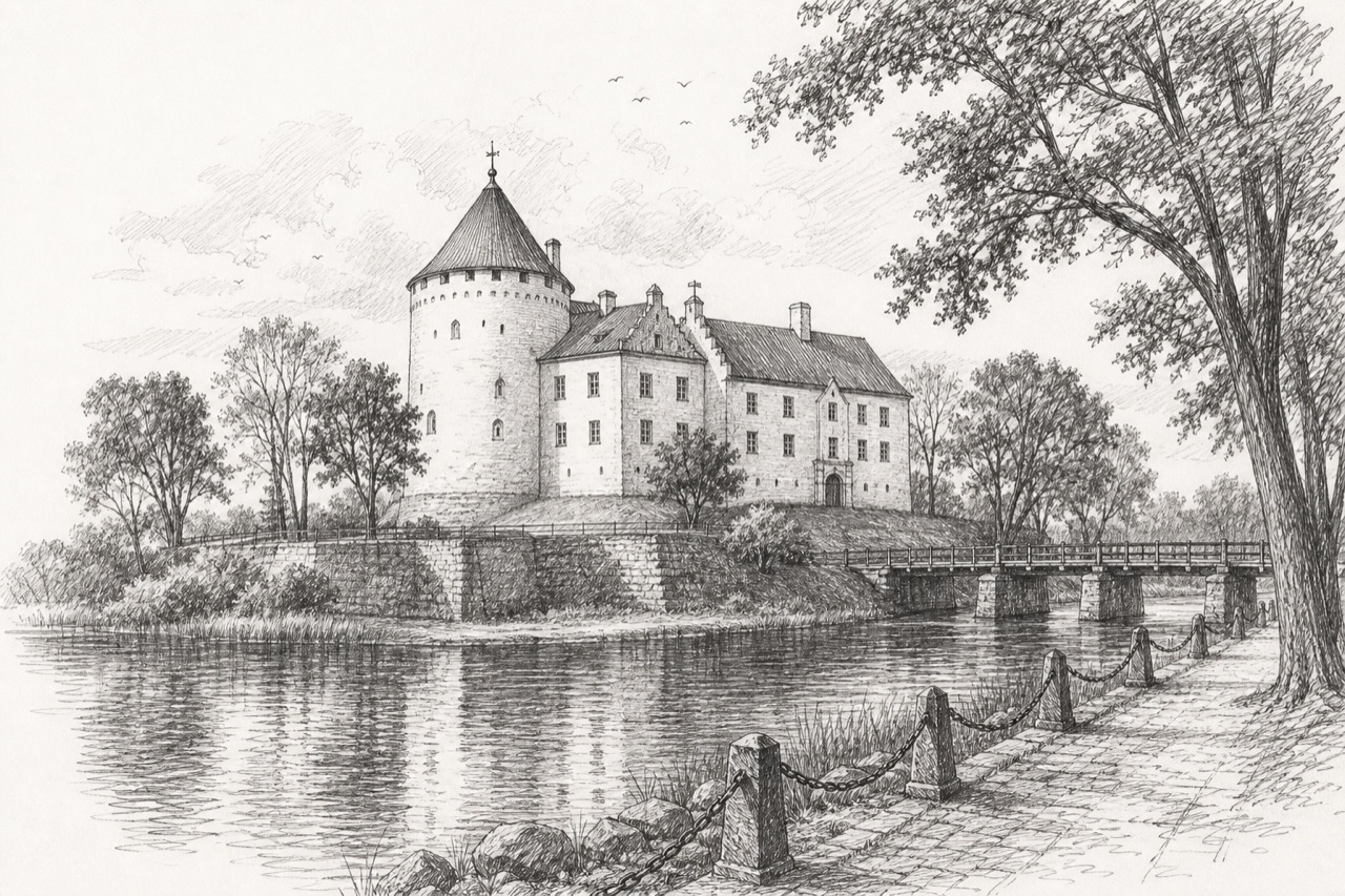 Hand-drawn pencil travel sketch for Ventspils, Latvia