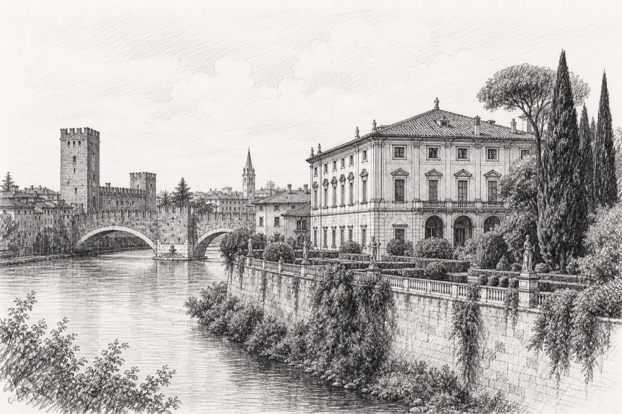 Hand-drawn pencil travel sketch for Verona, Italy