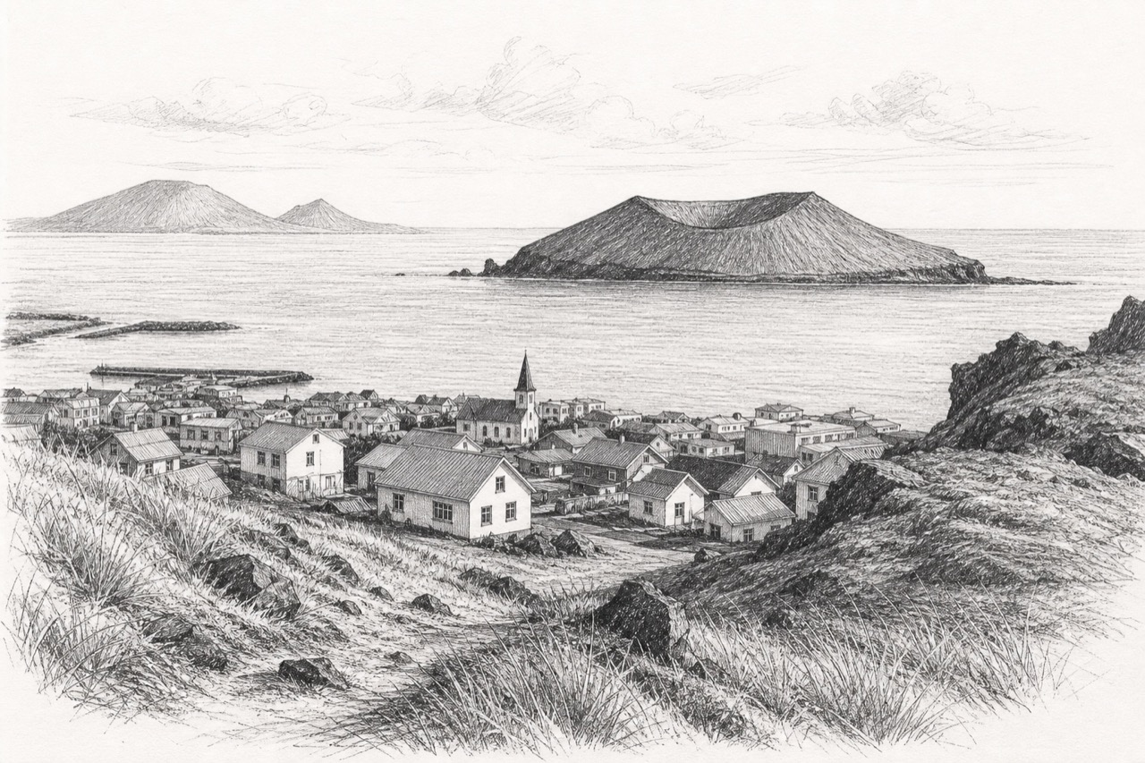Hand-drawn pencil travel sketch for Vestmannaeyjar, Iceland