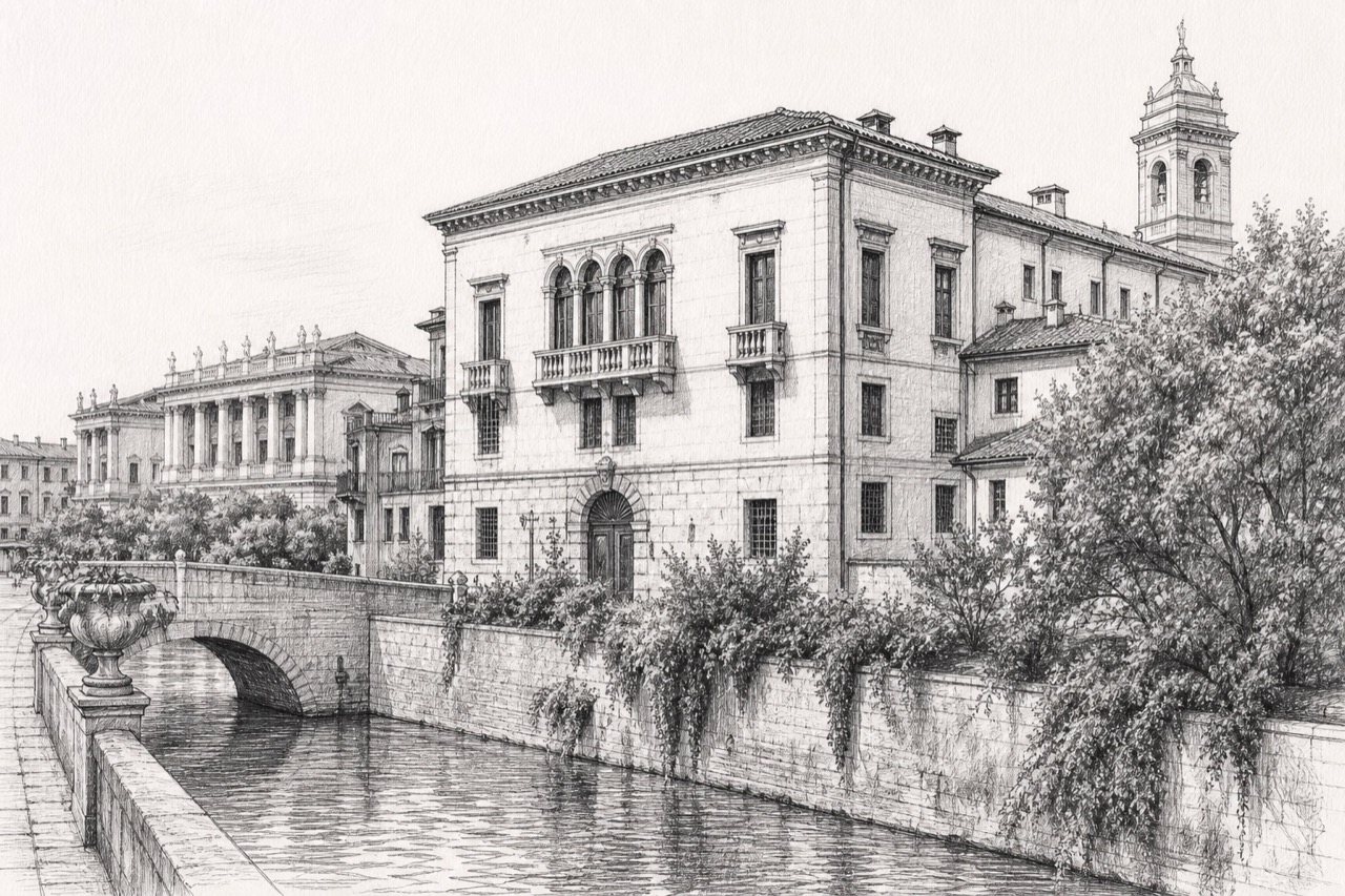 Hand-drawn pencil travel sketch for Vicenza, Italy