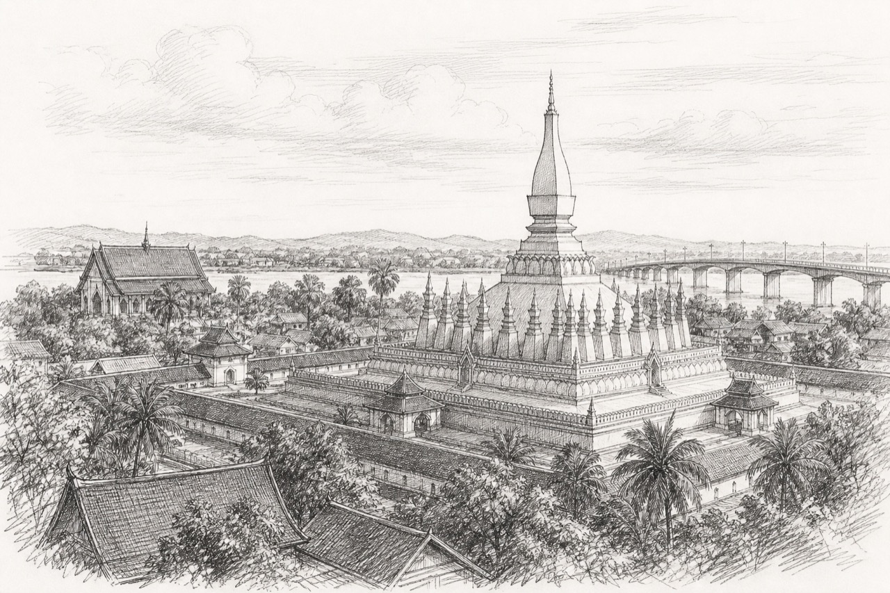Hand-drawn pencil travel sketch for Vientiane, Laos