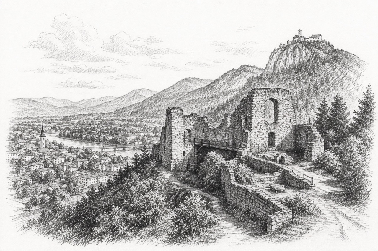 Hand-drawn pencil travel sketch for Villach, Austria