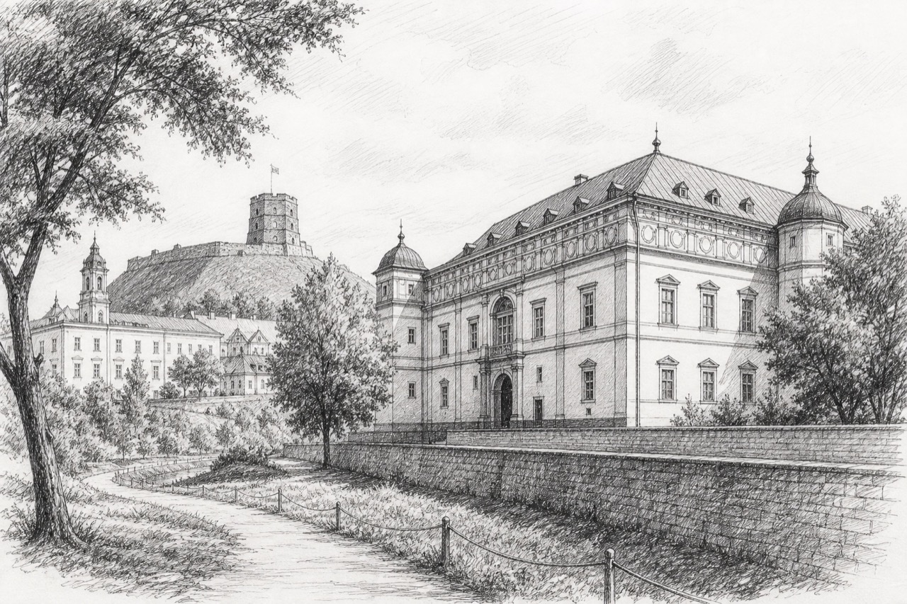 Hand-drawn pencil travel sketch for Vilnius, Lithuania