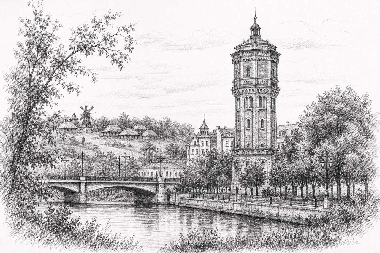 Hand-drawn pencil travel sketch for Vinnytsia, Ukraine