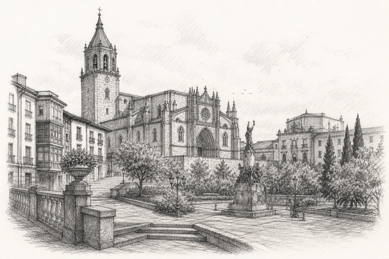 Hand-drawn pencil travel sketch for Vitoria-Gasteiz, Spain