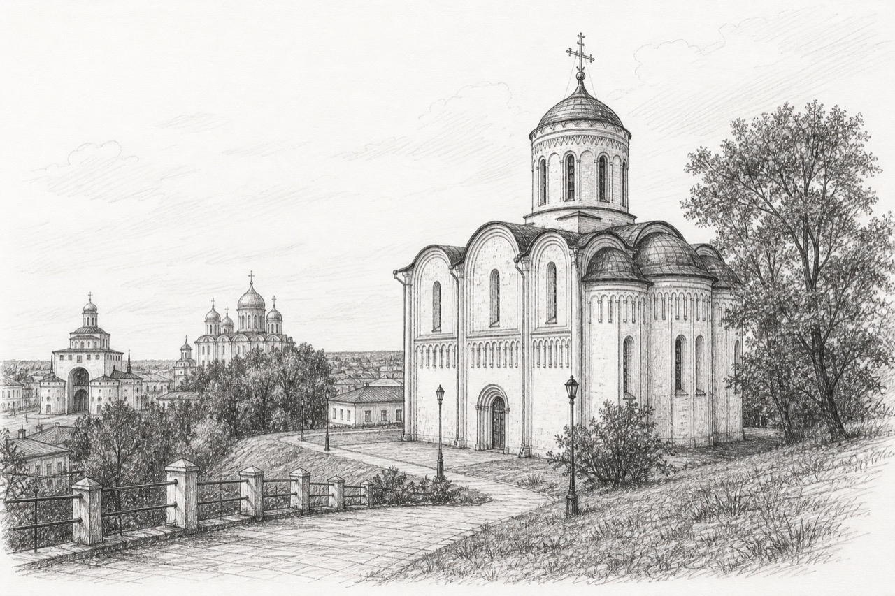 Hand-drawn pencil travel sketch for Vladimir, Russia