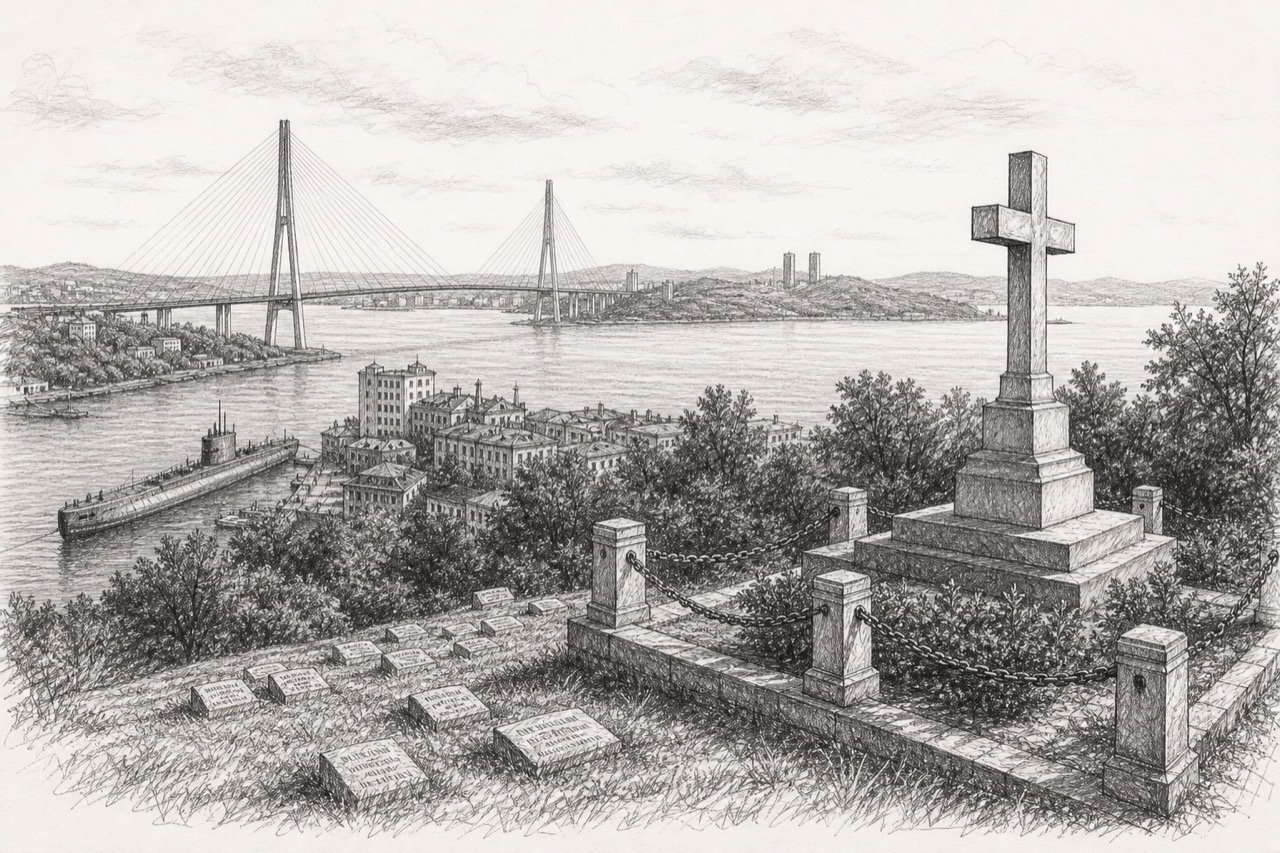 Hand-drawn pencil travel sketch for Vladivostok, Russia