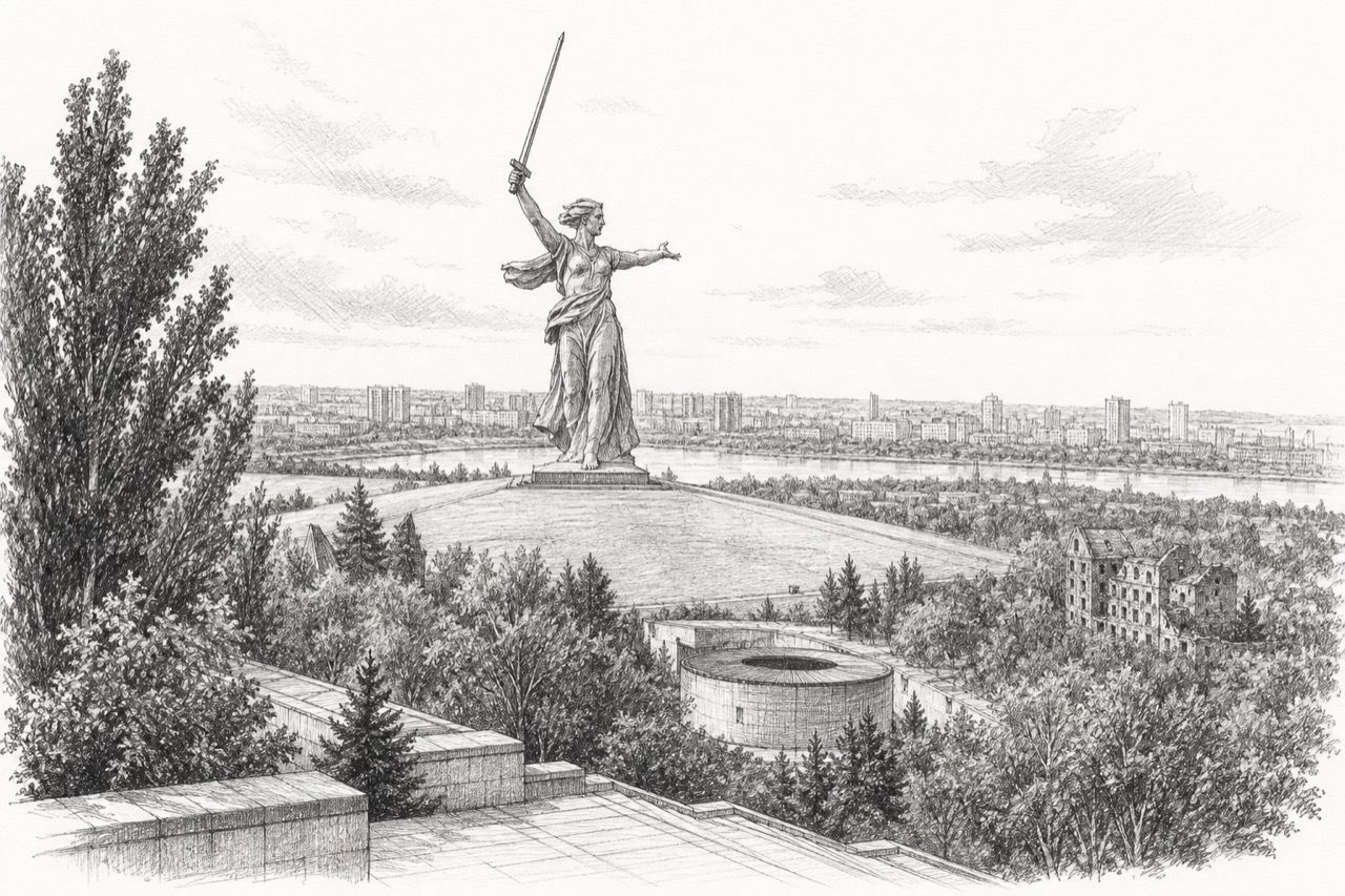 Hand-drawn pencil travel sketch for Volgograd, Russia
